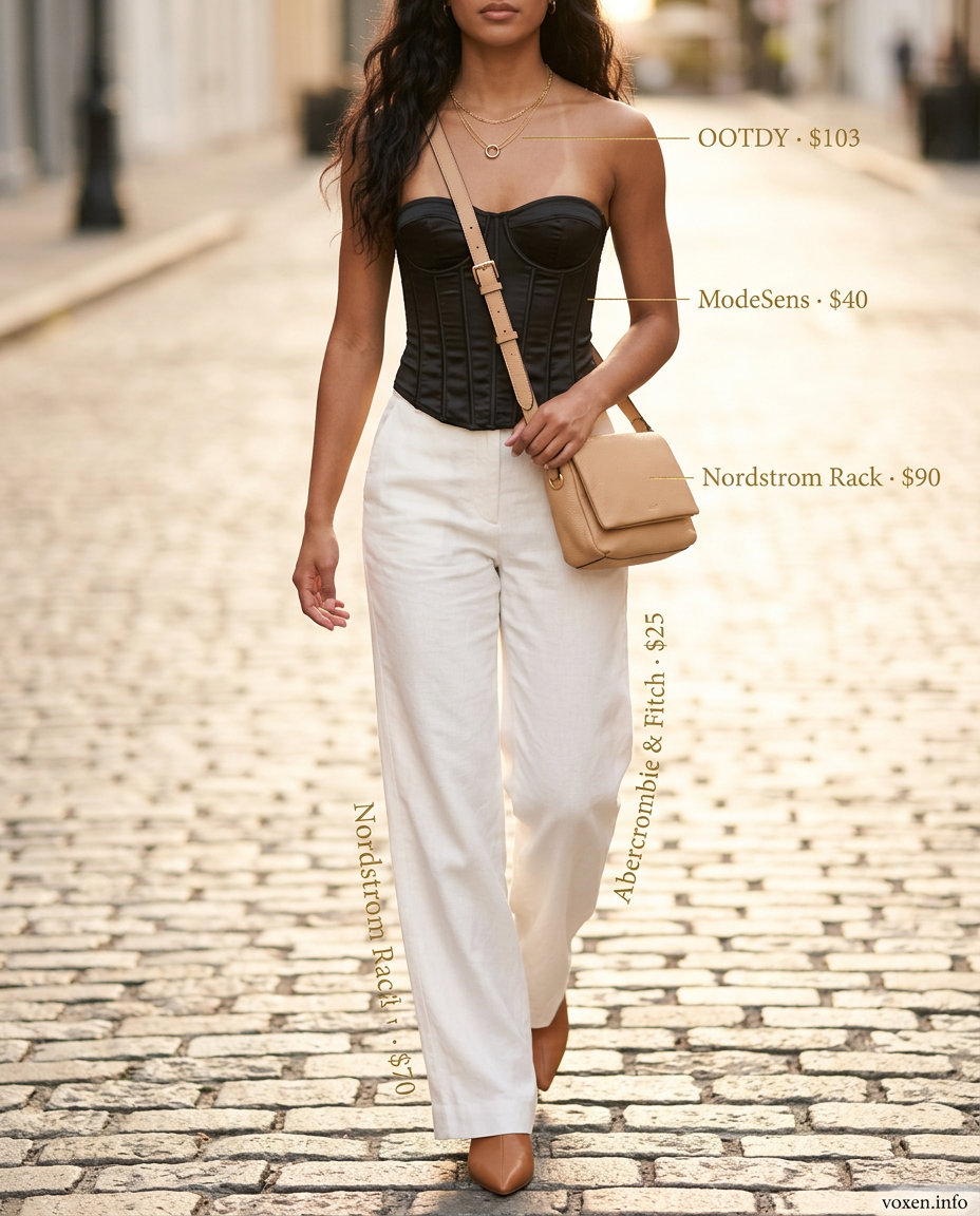 What to Wear with Corset Top Summer 2026: Black satin corset top with wide-leg trousers for city exploration.