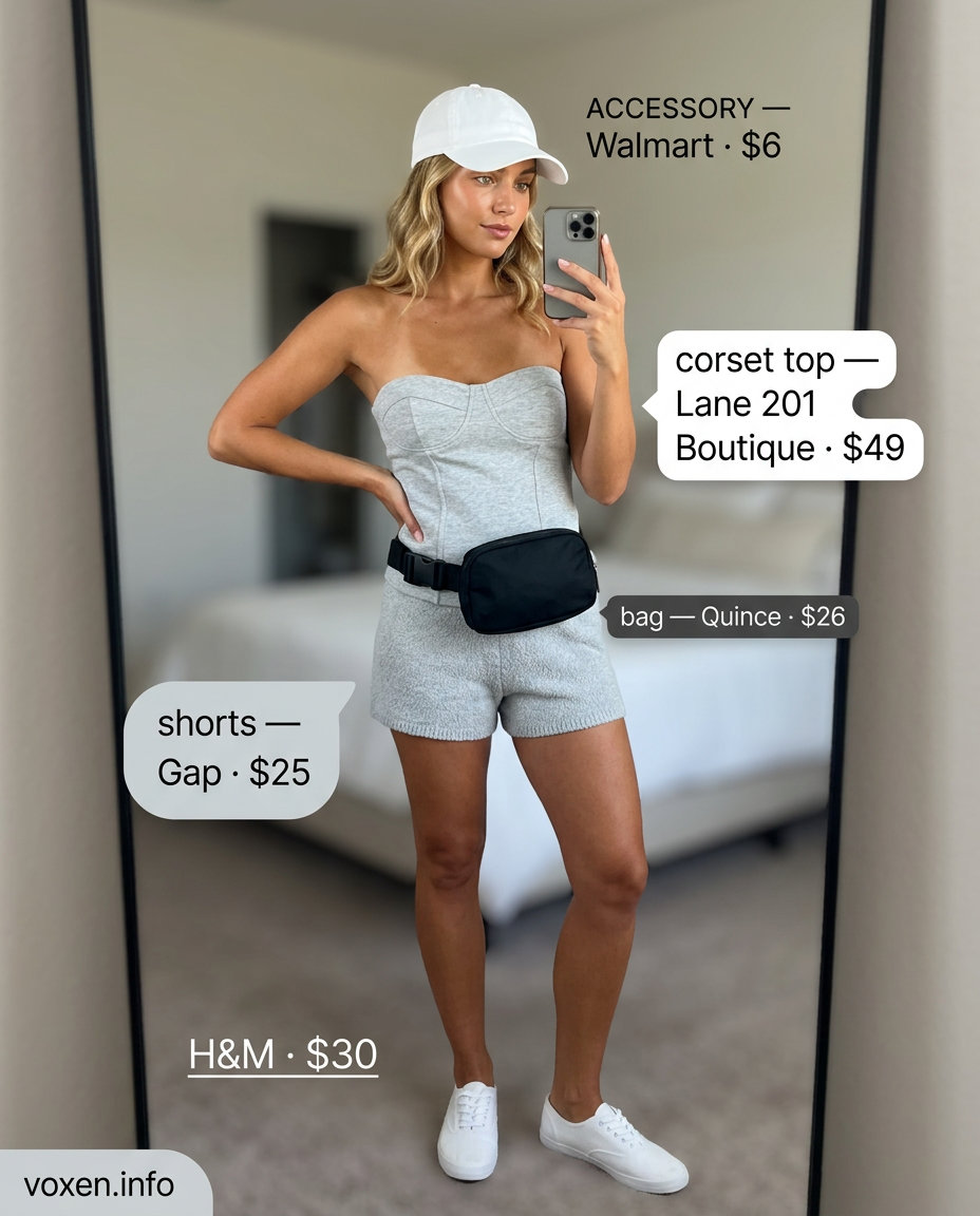 Sporty summer outfit: light grey knit corset top with matching shorts, white cap, and sneakers. What to wear with corset top summer 2026.