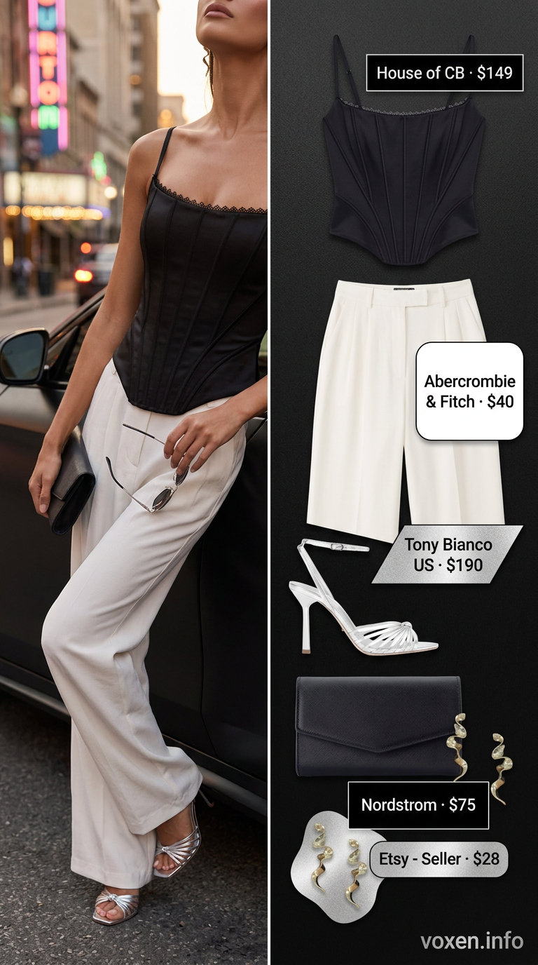 Sunset city chic corset top outfit: black corset, white trousers, silver heels. Great for date night.