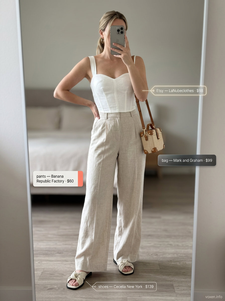 Vacation linen corset top outfit: cream corset, beige pants, slides. Ideal for resort wear.