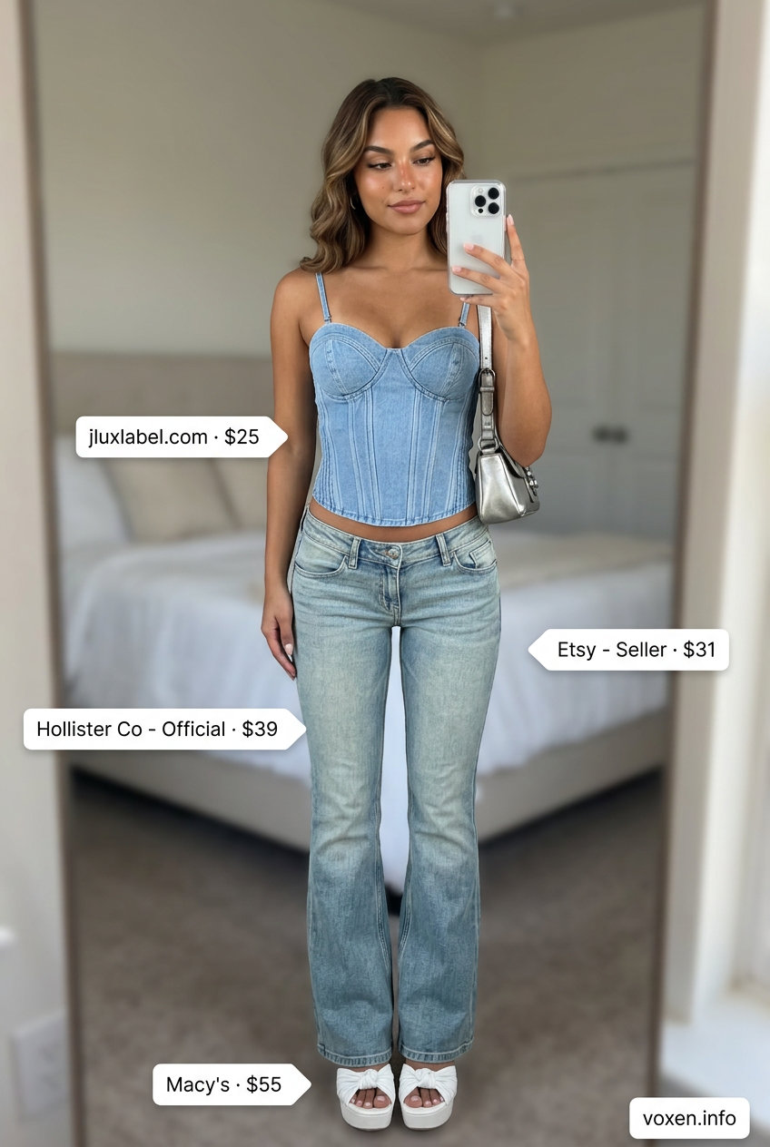 What to Wear with Corset Top Summer 2026: Y2K denim corset top, flared jeans, platform sandals, and butterfly necklace.