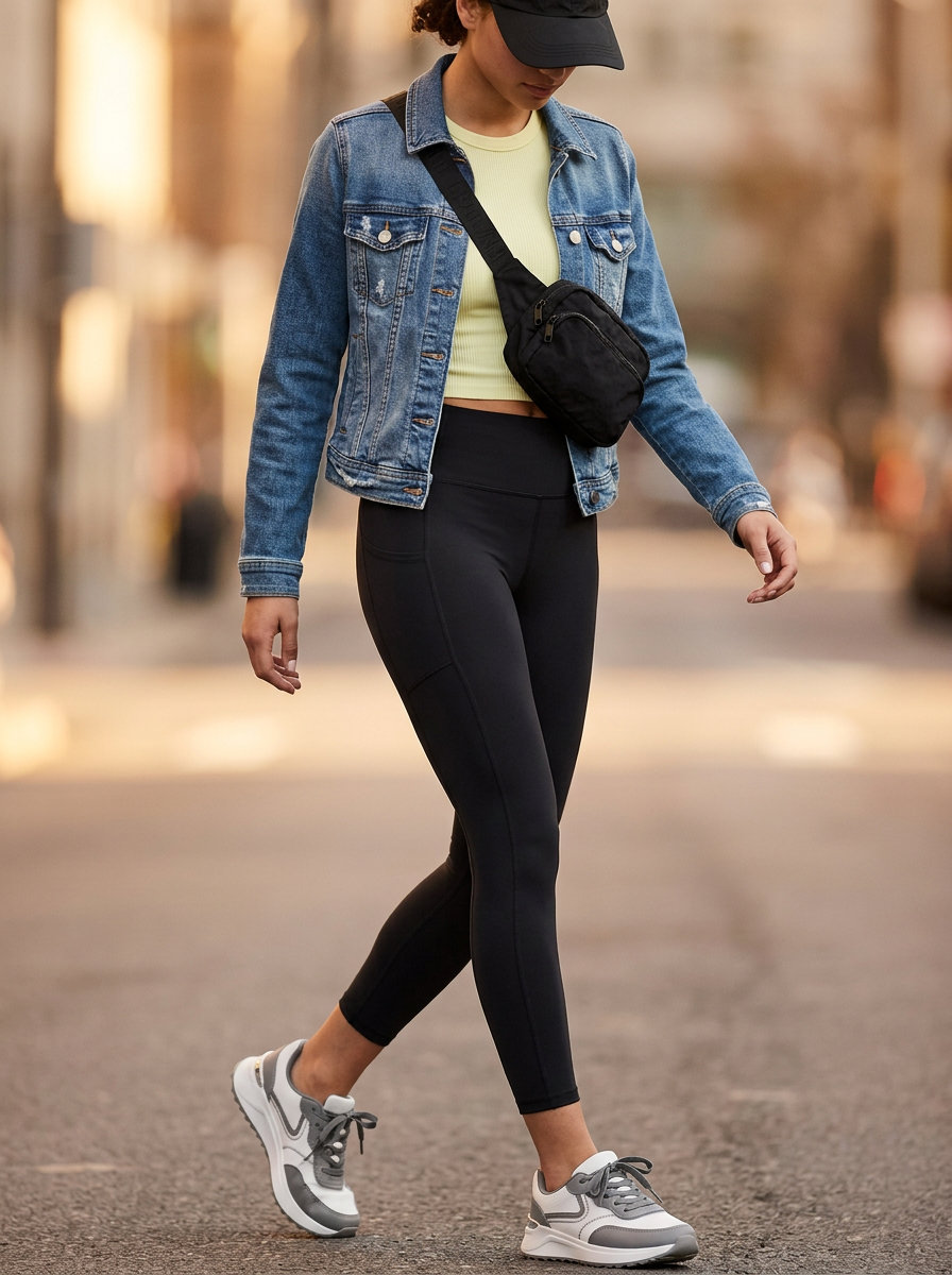 What to Wear with Denim Jacket Summer 2026: Athleisure Edge Athleisure outfit: denim jacket, graphic tee, and leggings for Summer 2026. Sporty and edgy.