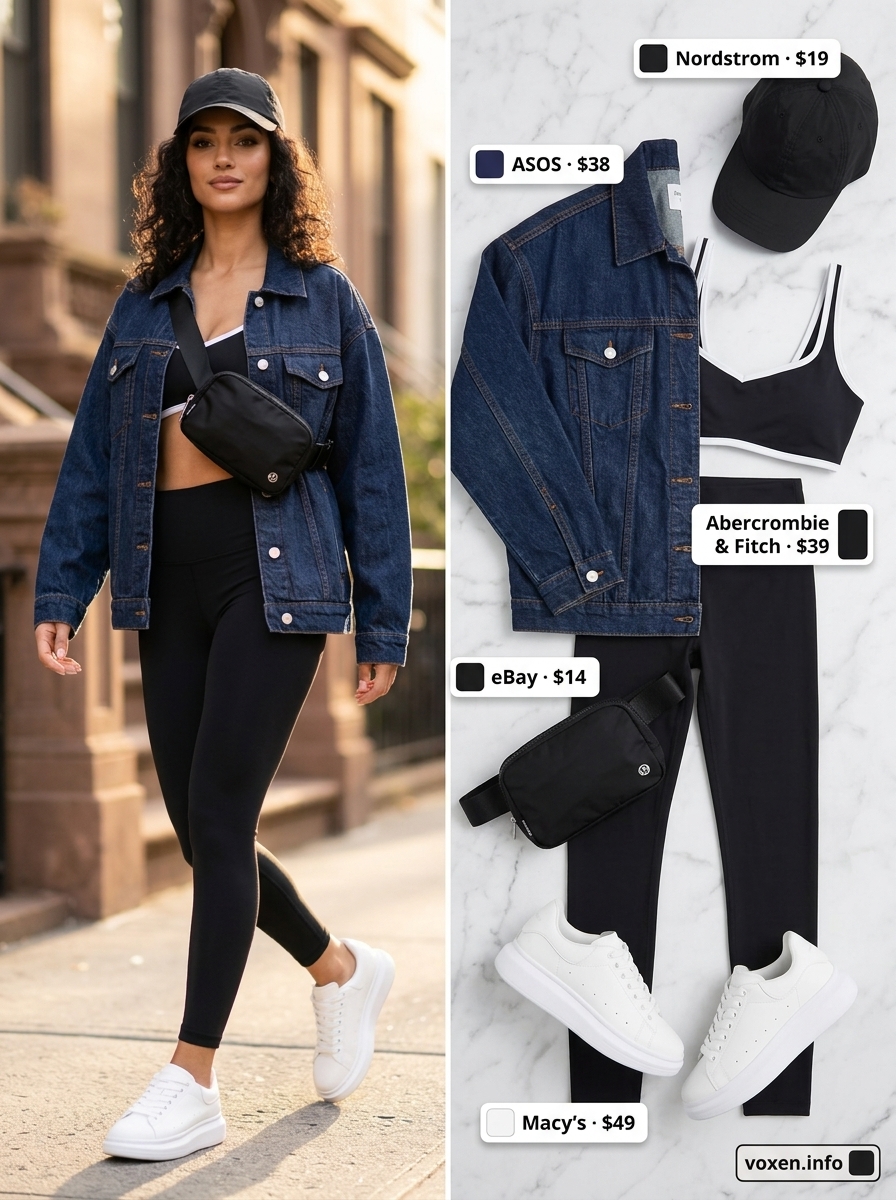 Athleisure Style 2026 Athleisure outfit with oversized denim jacket, leggings, and belt bag. What to wear with denim jacket summer 2026.