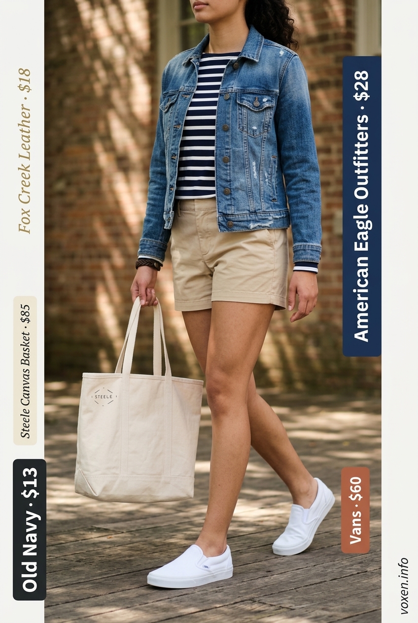 What to Wear with Denim Jacket Summer 2026: Casual Friday Casual Friday outfit: denim jacket, striped tee, and chino shorts for Summer 2026. Comfortable.