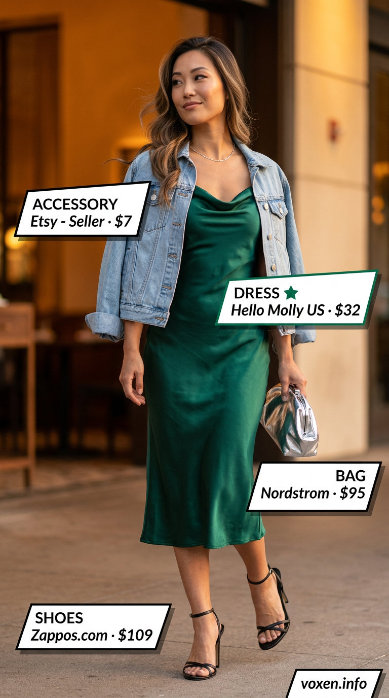 What to Wear with Denim Jacket Summer 2026: Chic Evening Chic Summer 2026 outfit: denim jacket over an emerald green slip dress for evening. Sophisticated.