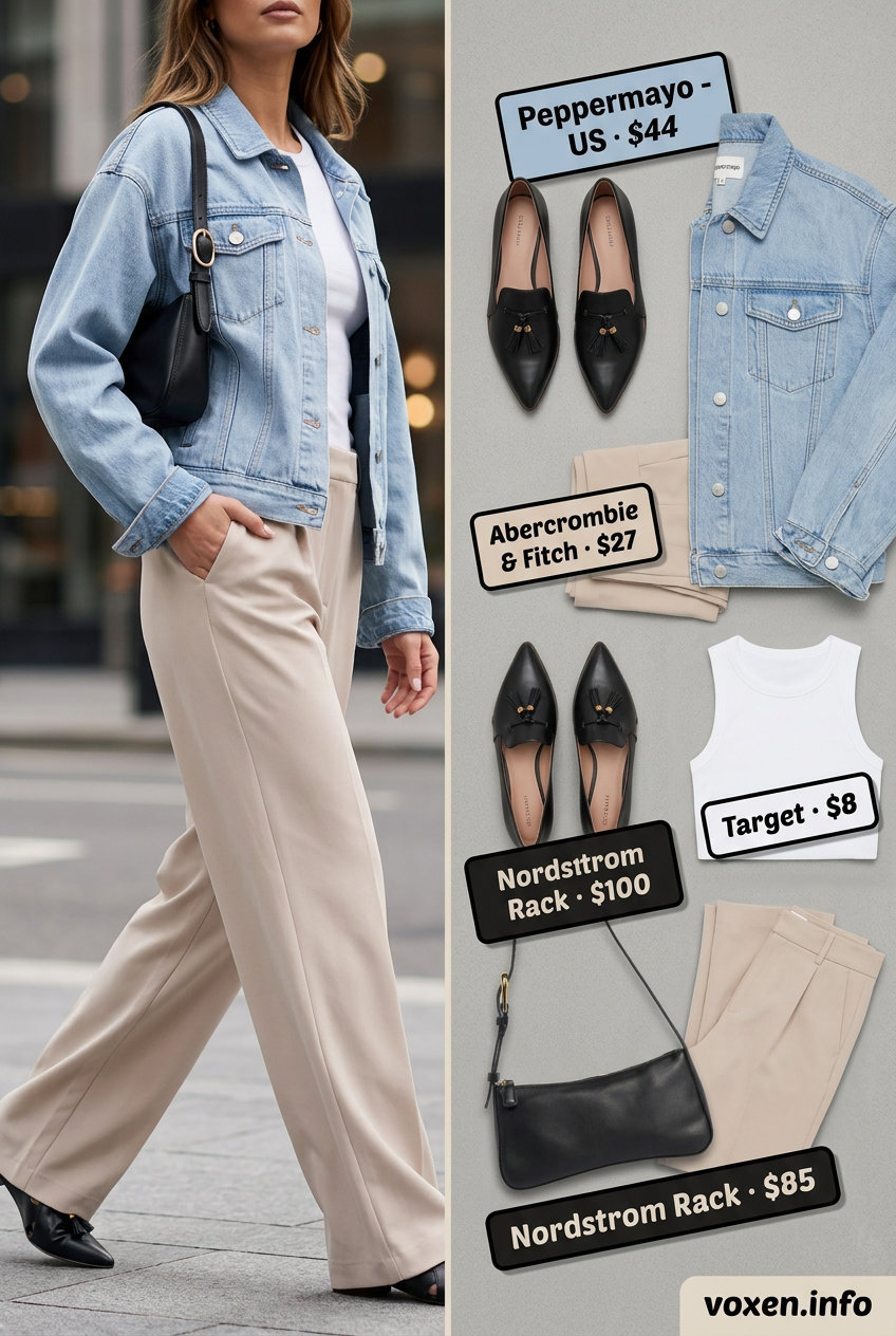 What to Wear with Denim Jacket Summer 2026: City Chic Modern city outfit: denim jacket, wide-leg pants, and loafers for Summer 2026. Chic and comfortable.