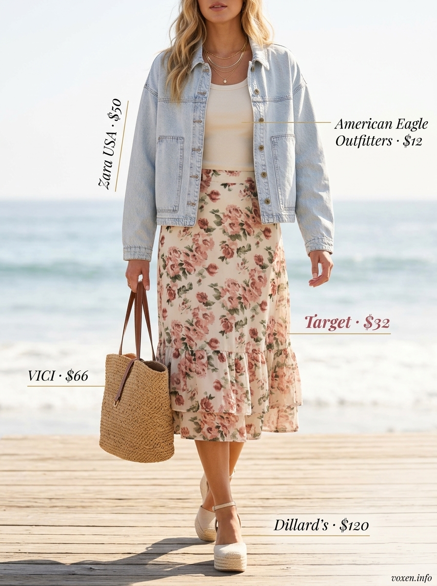 Denim Jacket Summer 2026: Coastal Breeze Midi Coastal breeze midi outfit: denim jacket, floral midi skirt, cream tank, espadrilles. What to wear with denim jacket summer 2026.
