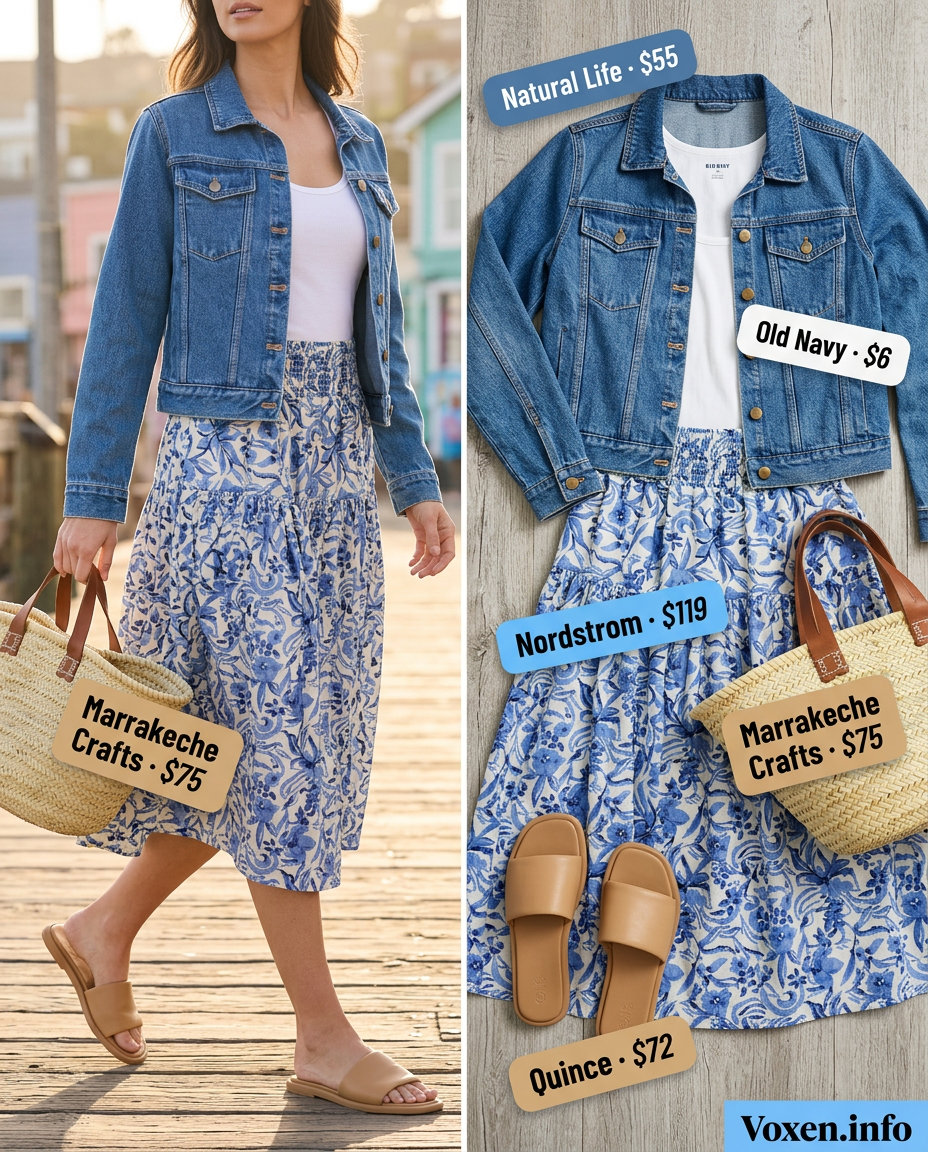 Denim Jacket Summer 2026: Coastal Getaway Ready Coastal getaway outfit: denim jacket, floral midi skirt, white tank, straw tote. What to wear with denim jacket summer 2026.