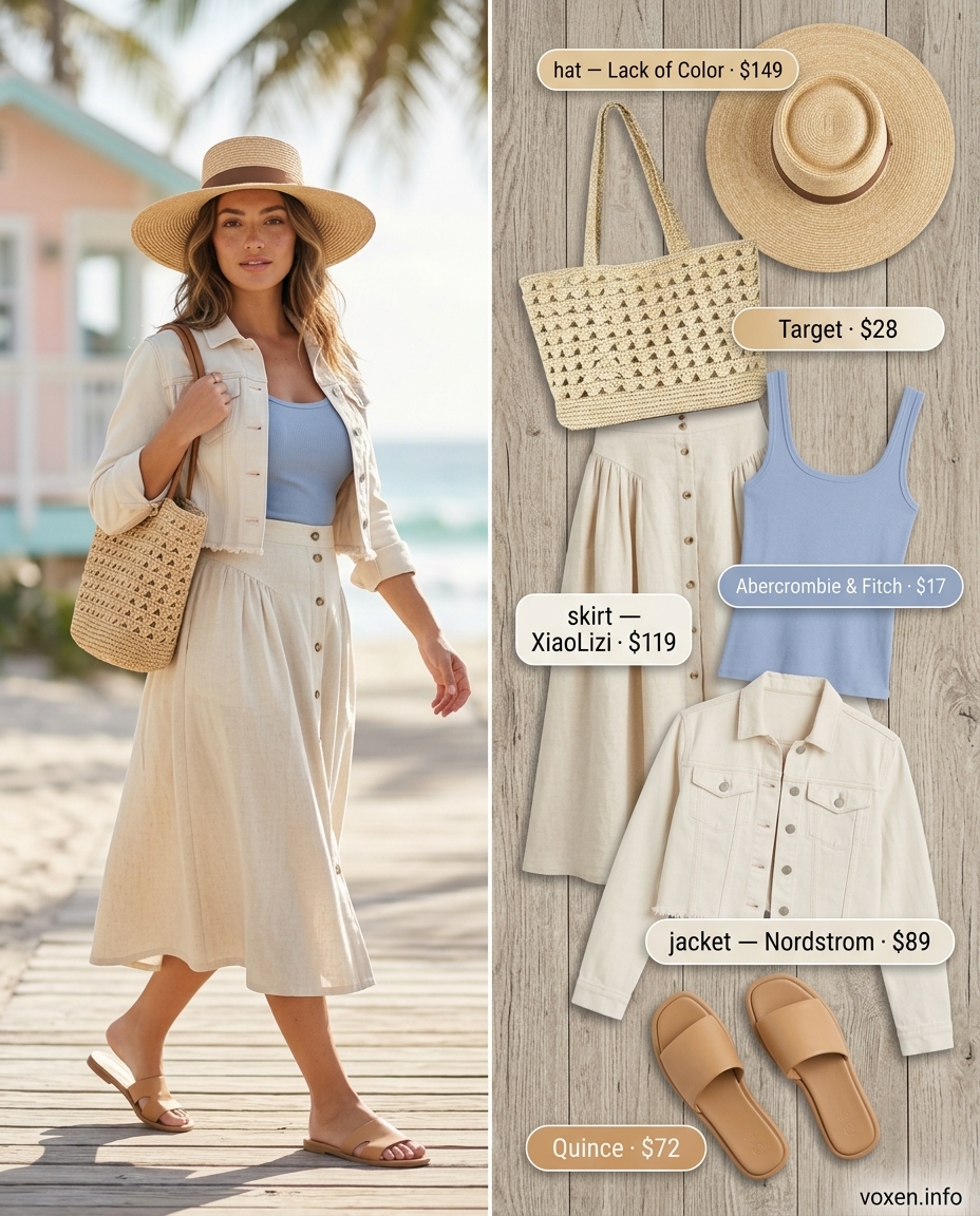 Summer Vacation Outfits 2026 Coastal getaway outfit with denim jacket, linen skirt, and straw hat. What to wear with denim jacket summer 2026.