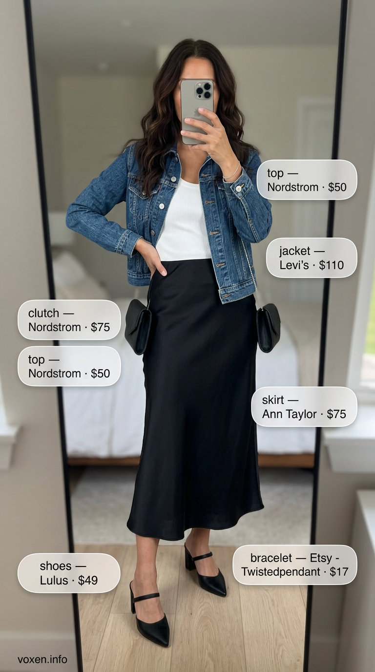 Denim Jacket Outfits 2026 Chic day to night outfit with denim jacket, satin slip skirt, and knit top. What to wear with denim jacket summer 2026.