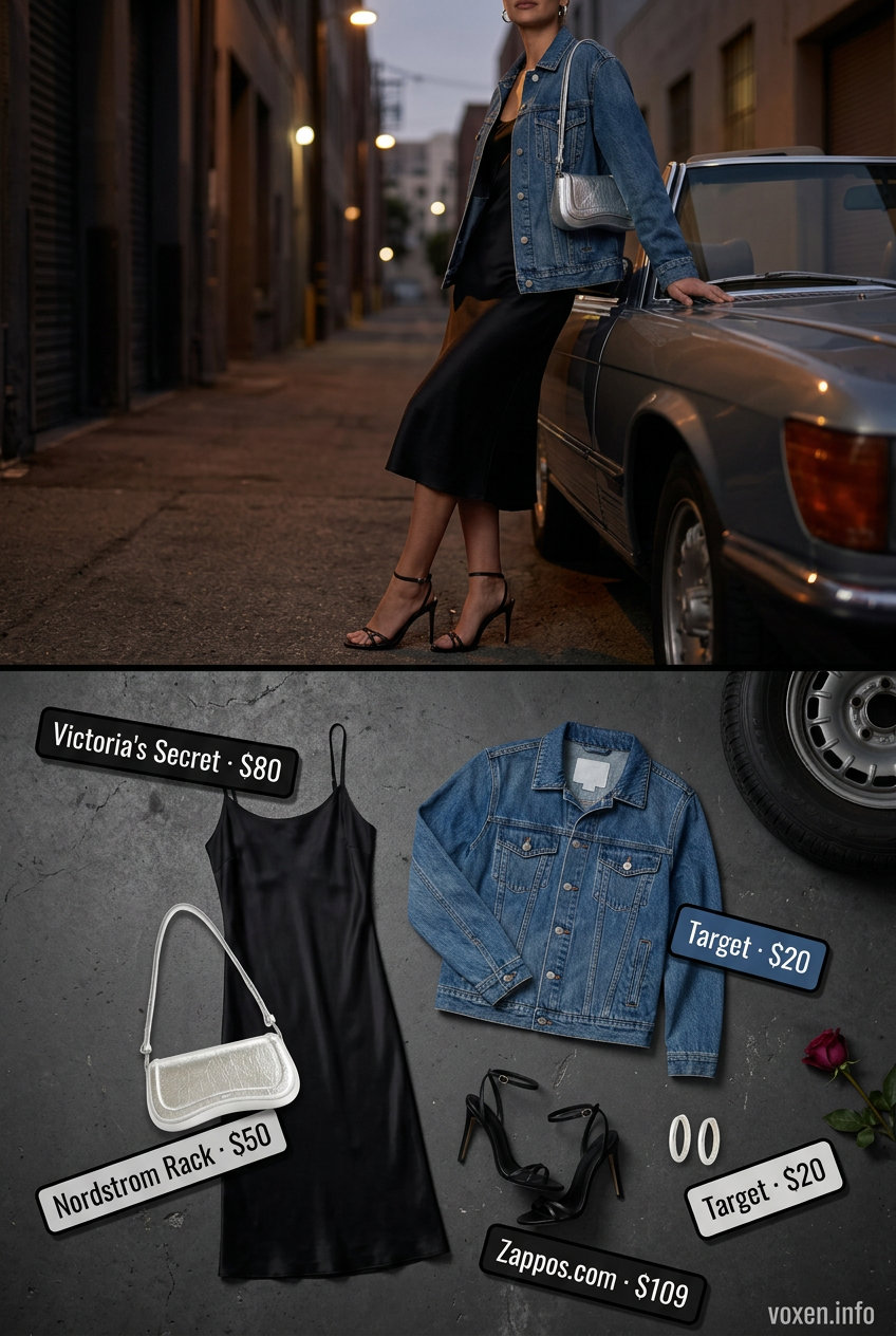 What to Wear with Denim Jacket Summer 2026: Edgy Night Out Denim jacket styled with a black slip dress for a night out in Summer 2026. Edgy evening look.