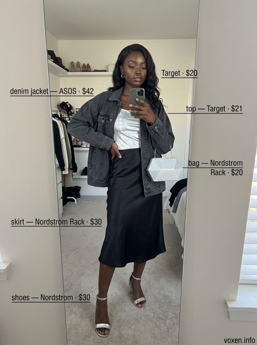 Denim Jacket Summer 2026: Evening Edge Glam Evening edge outfit: black denim jacket, silver camisole, black satin skirt, silver heels. What to wear with denim jacket summer 2026.