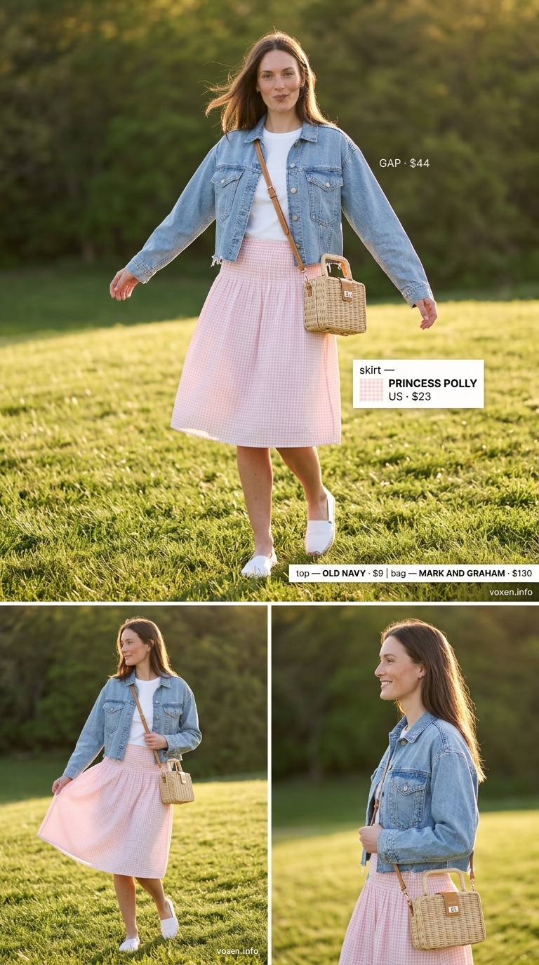 Picnic Outfits 2026 Picnic perfect outfit with denim jacket, gingham skirt, and espadrilles. What to wear with denim jacket summer 2026.