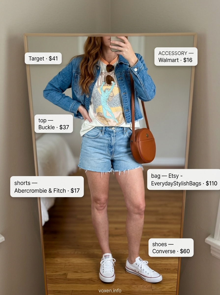 Casual Evening Outfits 2026 Sunset drive outfit with denim jacket, graphic tee, and cutoff shorts. What to wear with denim jacket summer 2026.