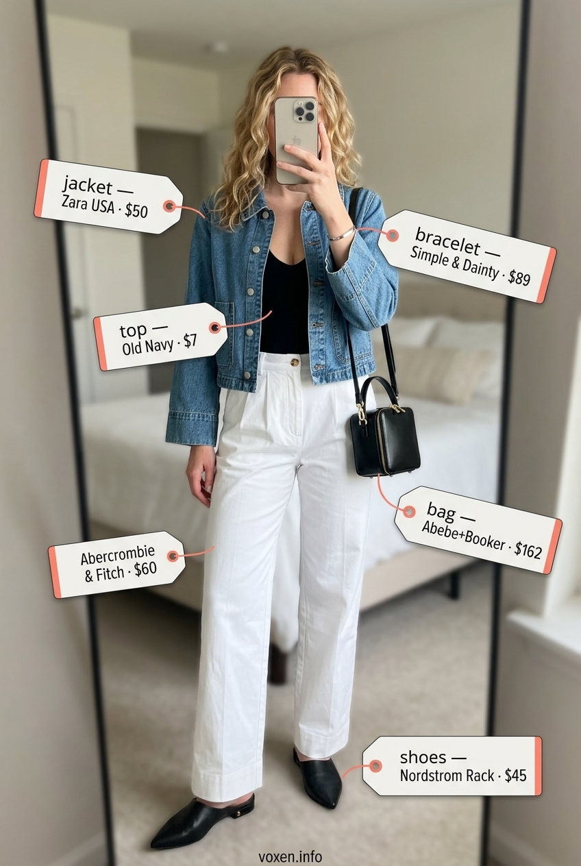 What to Wear with Denim Jacket Summer 2026: Modern Minimalist Modern minimalist outfit: cropped denim jacket, white trousers, and black mules for Summer 2026.