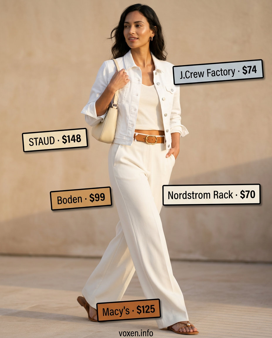 Denim Jacket Summer 2026: Modern Minimalist Chic Modern minimalist outfit: denim jacket, beige trousers, cream shirt, loafers. What to wear with denim jacket summer 2026.
