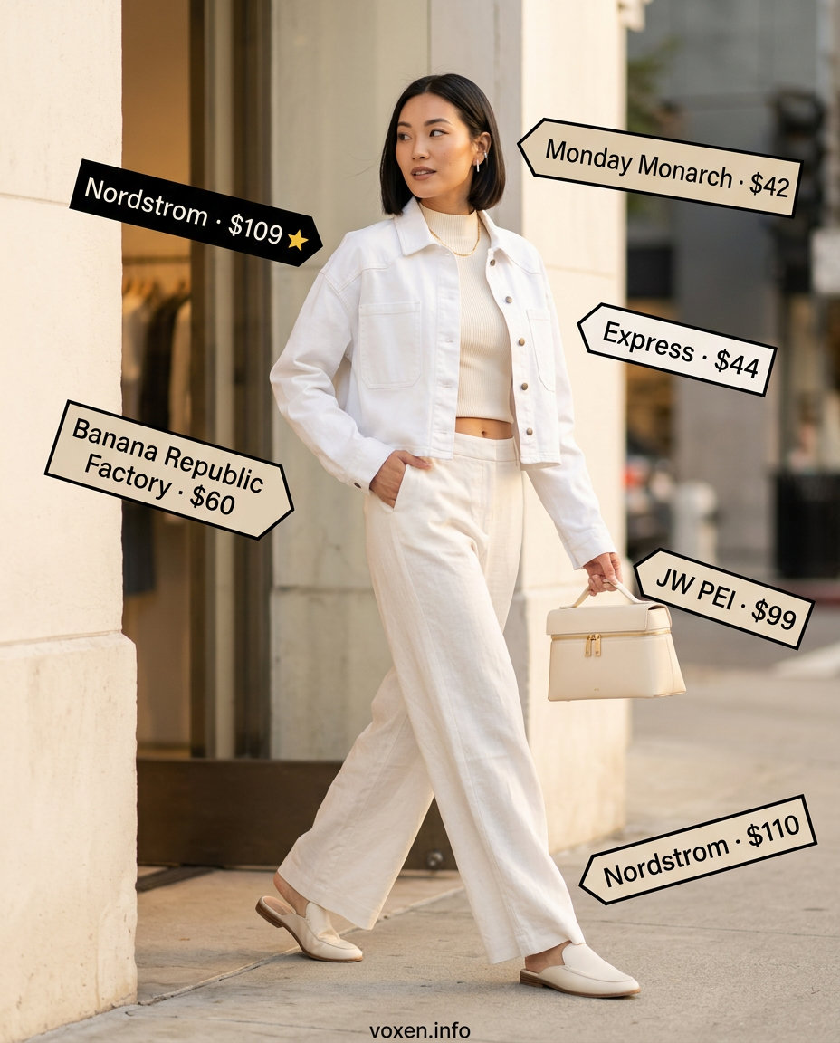 What to Wear with Denim Jacket Summer 2026: Monochrome White Monochrome white outfit with denim jacket accents for Summer 2026. Minimalist and chic.