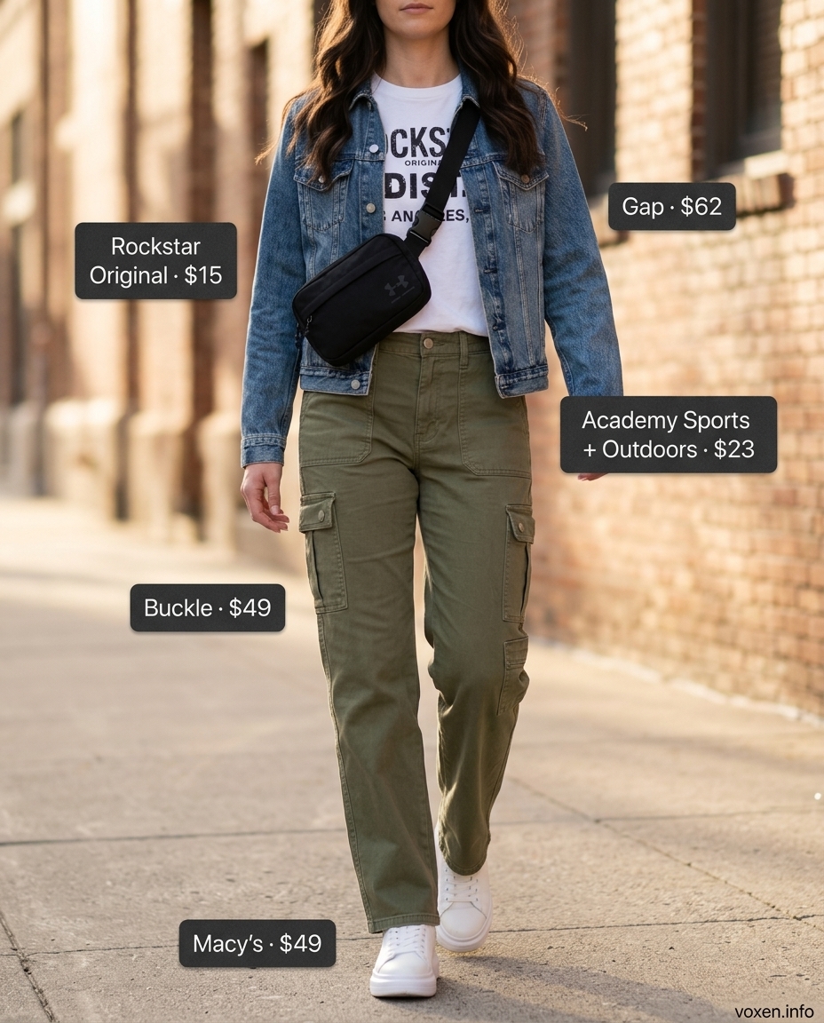 What to Wear with Denim Jacket Summer 2026: Streetwear Cool Streetwear outfit: denim jacket, cargo pants, and graphic tee for Summer 2026. Cool and edgy.