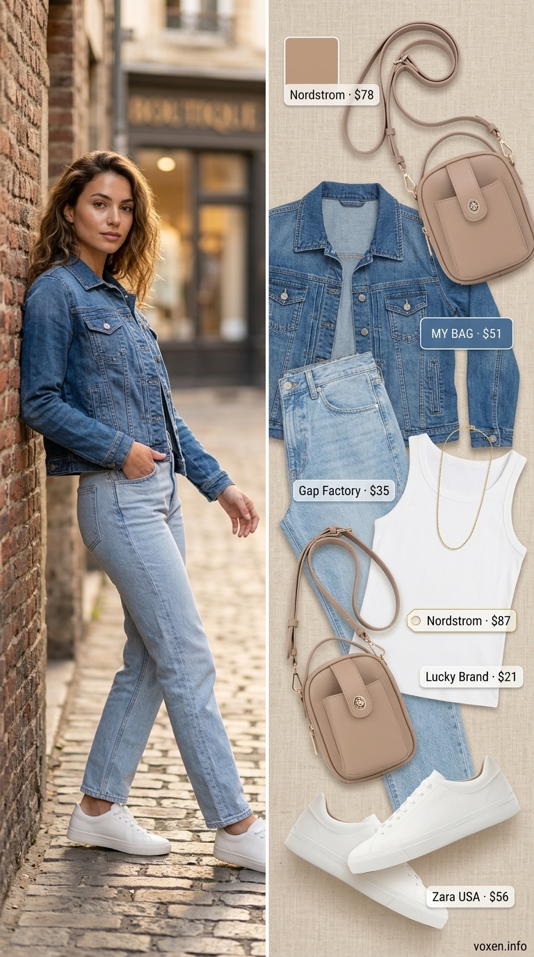 What to Wear with Denim Jacket Summer 2026: Urban Explorer Urban explorer outfit: denim jacket, jeans, and sneakers for Summer 2026. Effortless and cool.