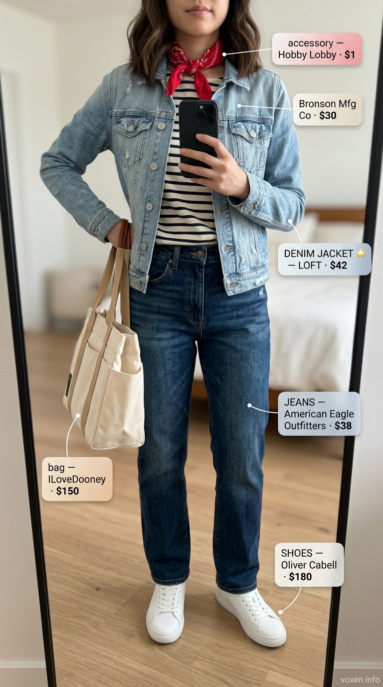 What to Wear with Denim Jacket Summer 2026: Weekend Classic Classic weekend outfit: denim jacket, striped tee, and jeans for Summer 2026. Relaxed and timeless.