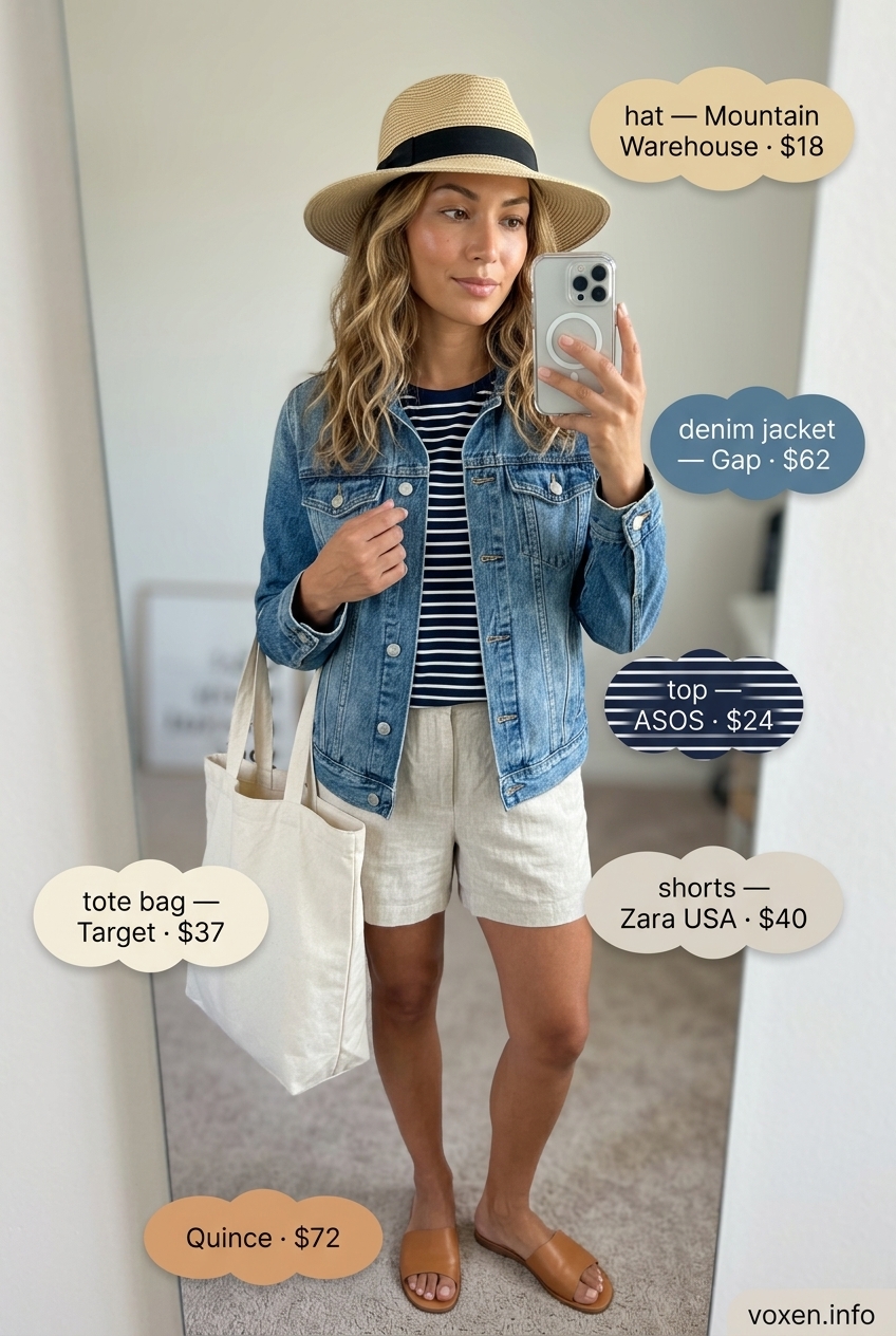 Denim Jacket Summer 2026: Weekend Getaway Style Weekend getaway outfit: denim jacket, striped tee, linen shorts, straw hat. What to wear with denim jacket summer 2026.