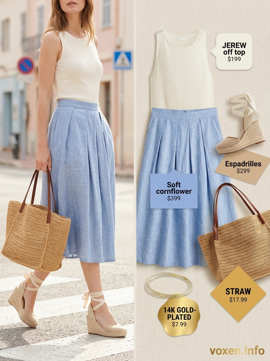 Tennis Skirt Outfits Summer 2026: Coastal Getaway What to Wear with Tennis Skirt Summer 2026: Light blue linen skirt, cream knit tank, espadrille wedges for coastal style.