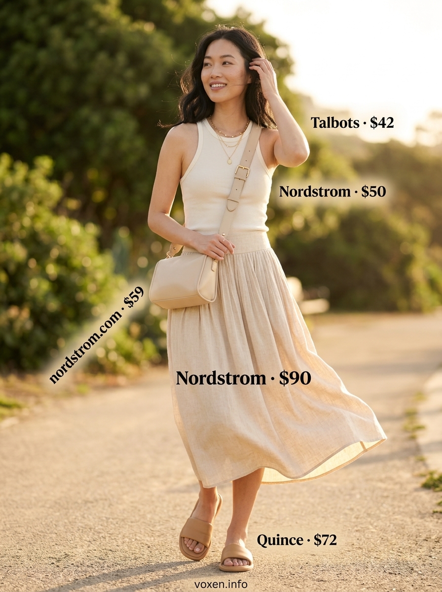 Tennis Skirt Outfits Summer 2026: Effortless Linen Chic What to Wear with Tennis Skirt Summer 2026: Beige linen midi skirt, cream knit tank, minimalist sandals for casual chic.