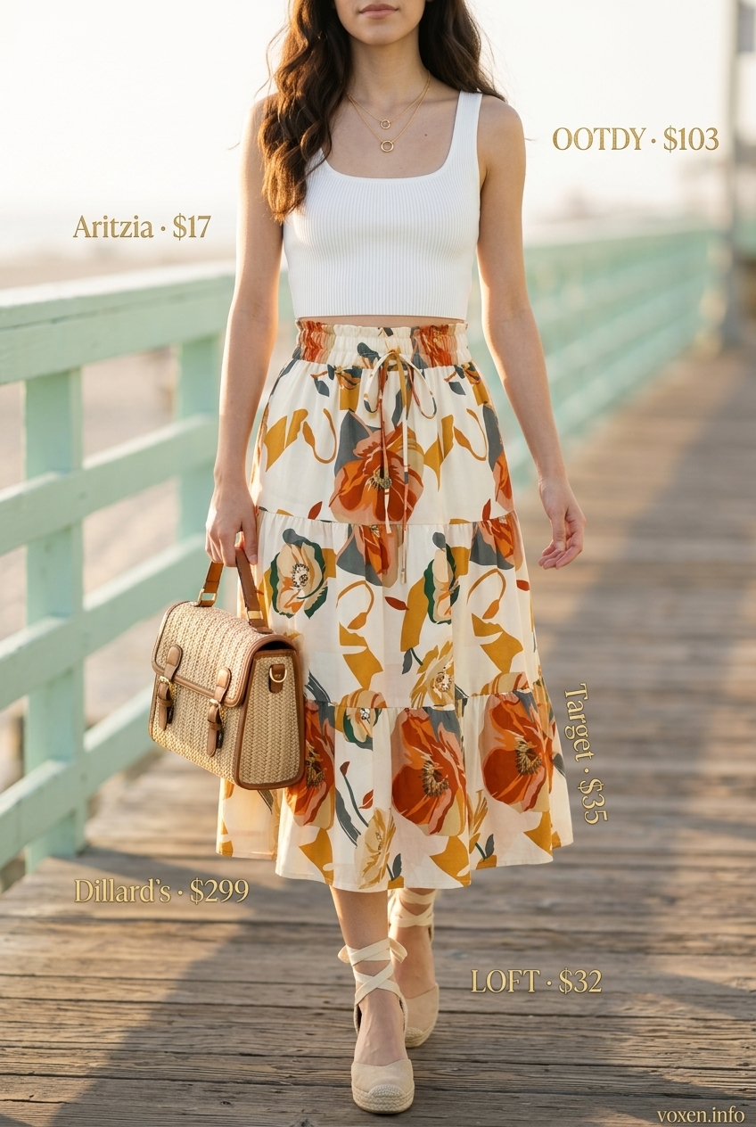 Beach Day Outfit 2026: Floral Midi Skirt Pastel floral midi skirt for a beach day. What to wear with tennis skirt summer 2026.