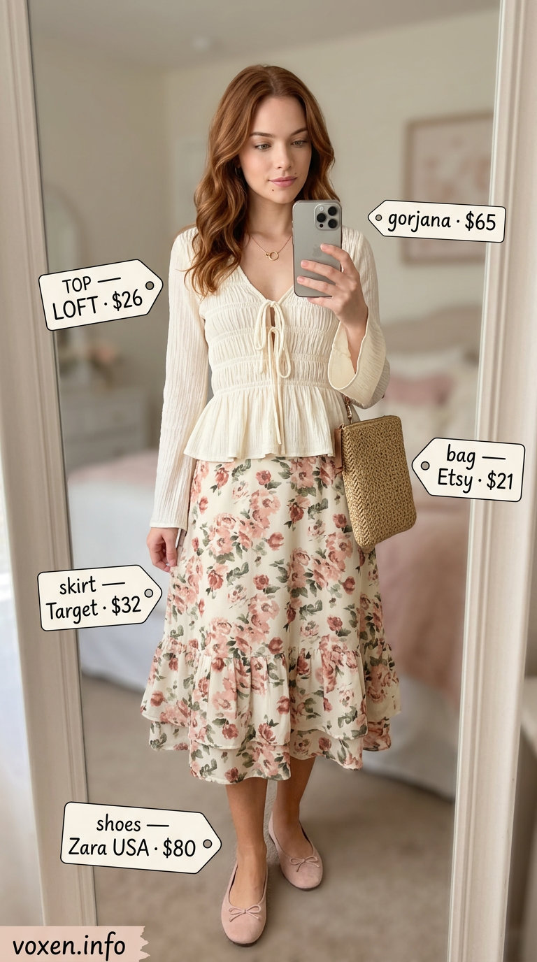Garden Party Outfit 2026: Floral Midi Skirt Blush pink floral midi skirt for a garden party. What to wear with tennis skirt summer 2026.