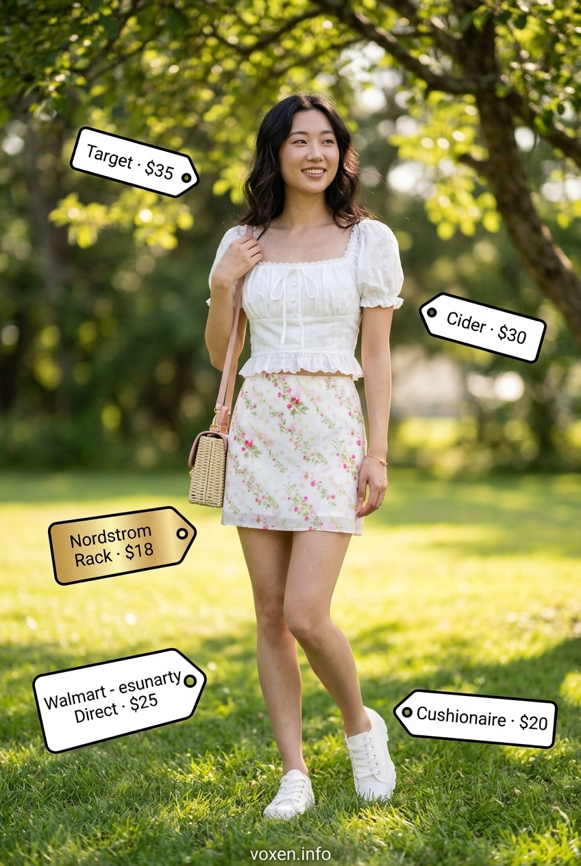 Tennis Skirt Outfits Summer 2026: Garden Party Sweetness What to Wear with Tennis Skirt Summer 2026: Floral mini skirt, white puff sleeve blouse, sneakers for garden party.