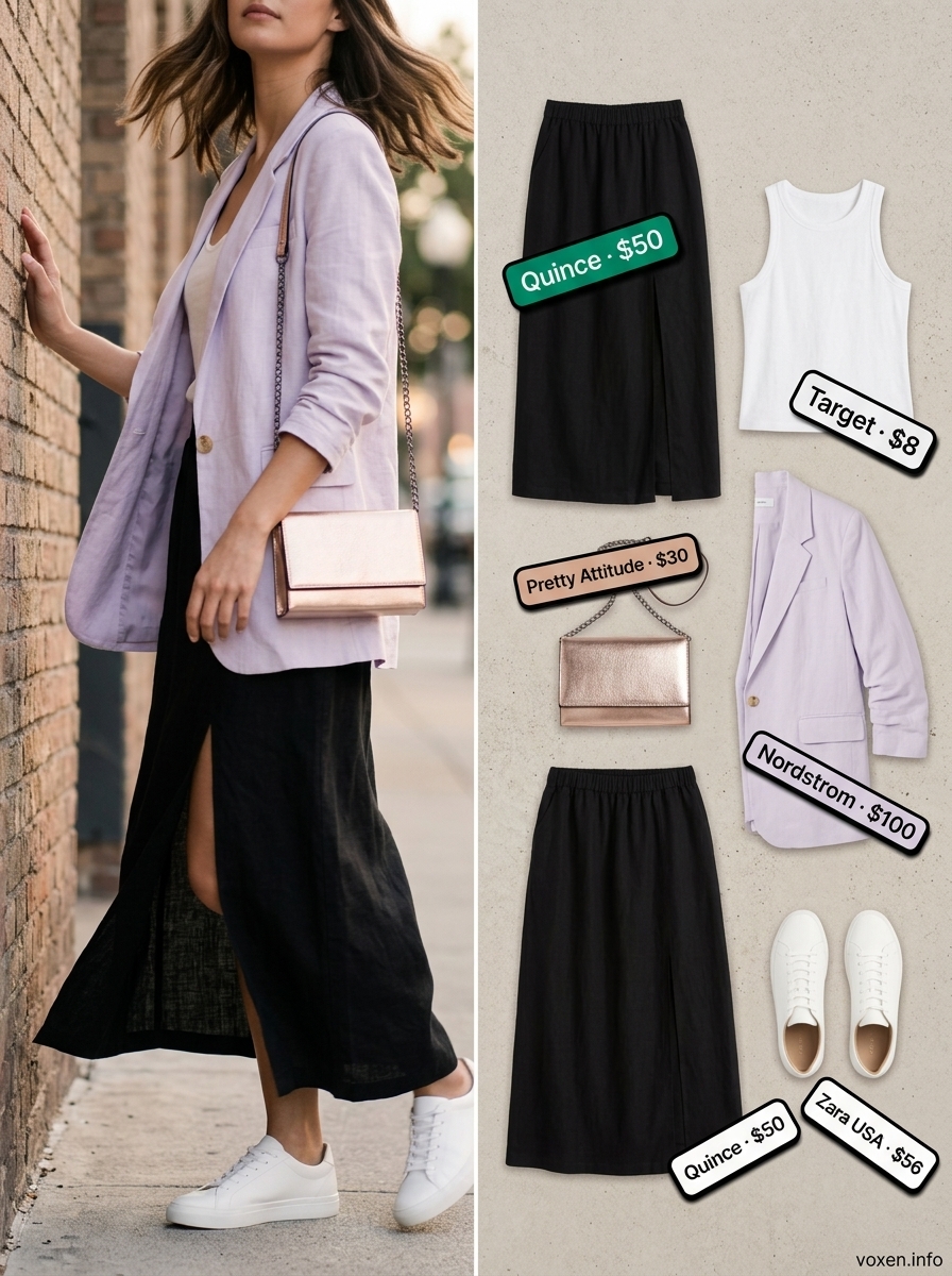 Summer Office Outfit 2026: Lavender Blazer Lavender linen blend blazer for summer office. What to wear with tennis skirt summer 2026.