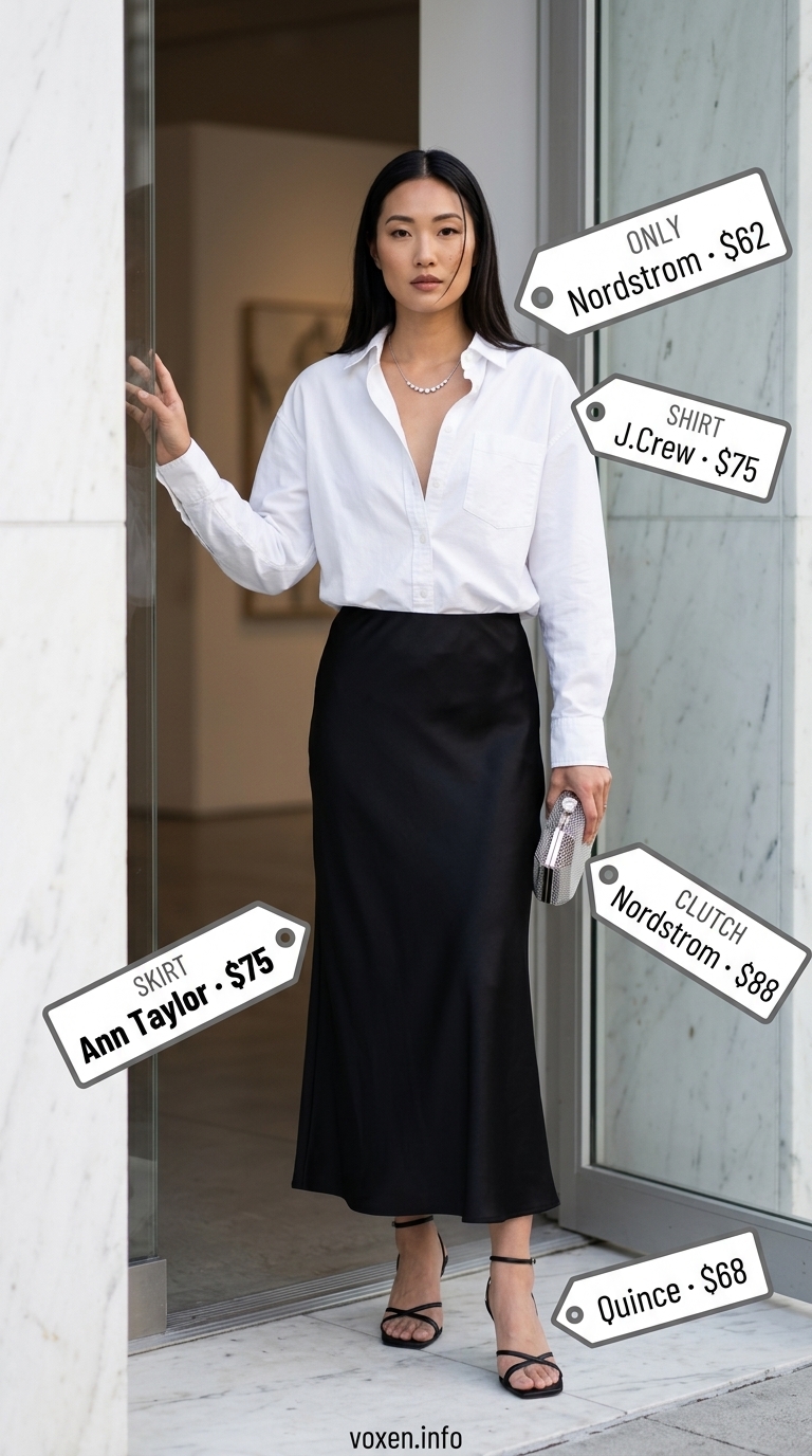 Tennis Skirt Outfits Summer 2026: Minimalist Muse What to Wear with Tennis Skirt Summer 2026: Black satin slip skirt, oversized white shirt, strappy heels for dinner.