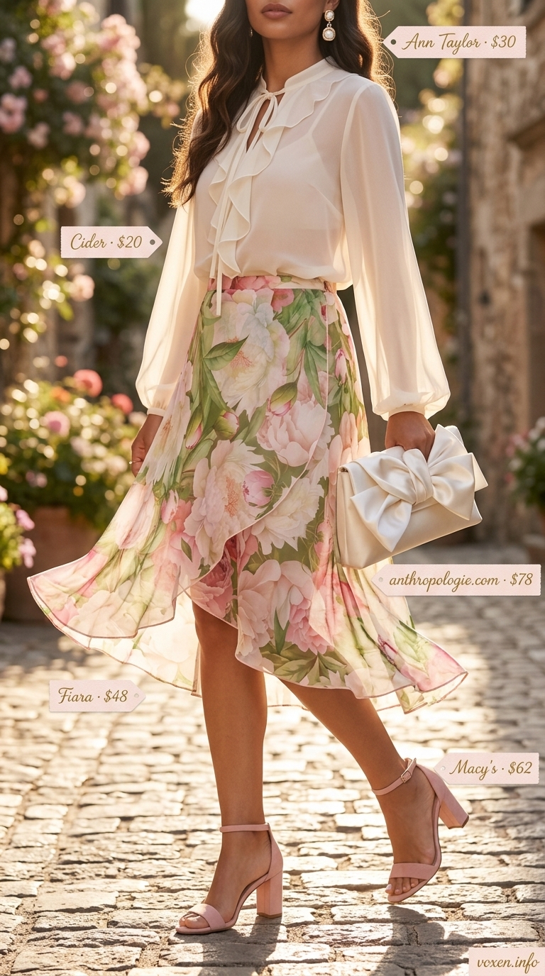 Tennis Skirt Outfits Summer 2026: Romantic Date Night What to Wear with Tennis Skirt Summer 2026: Blush floral midi skirt, ivory ruffle blouse for date night.