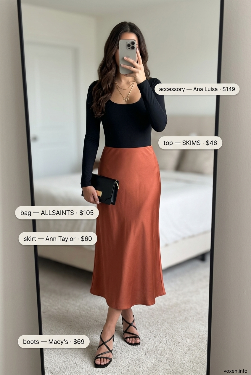 Tennis Skirt Outfits Summer 2026: Sunset Slip Skirt What to Wear with Tennis Skirt Summer 2026: Terracotta satin slip skirt, black bodysuit, strappy heels for evening.