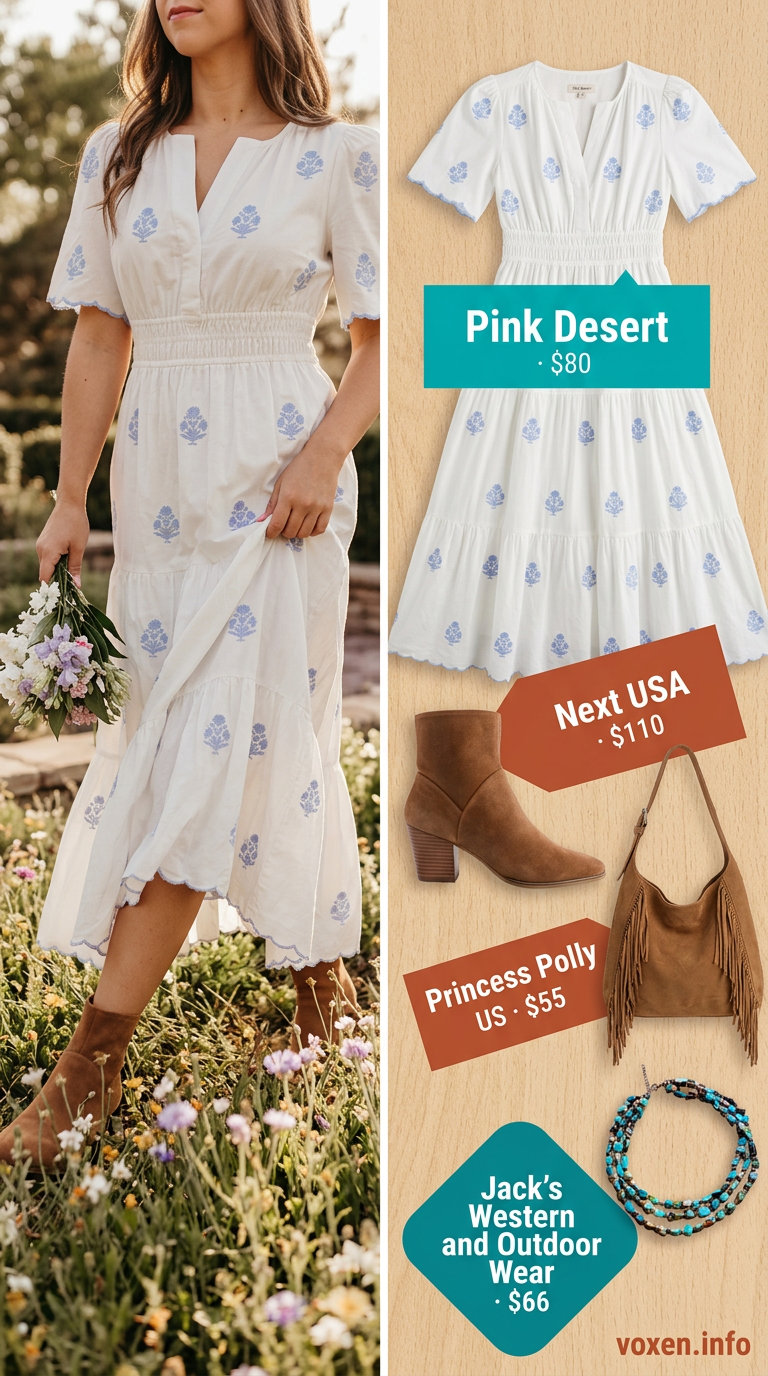 Boho White Dress Outfit 2026 What to Wear with White Dress Summer 2026: Boho maxi dress with suede boots, fringe bag, and layered necklaces.