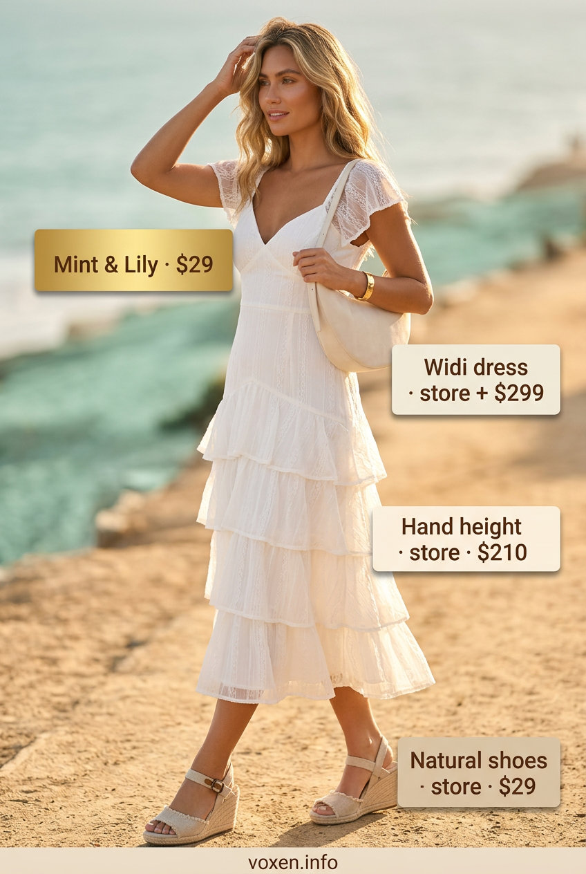 Boho Evening White Dress 2026 What to Wear with White Dress Summer 2026: Boho evening dress with espadrilles, suede bag, and gold cuff.