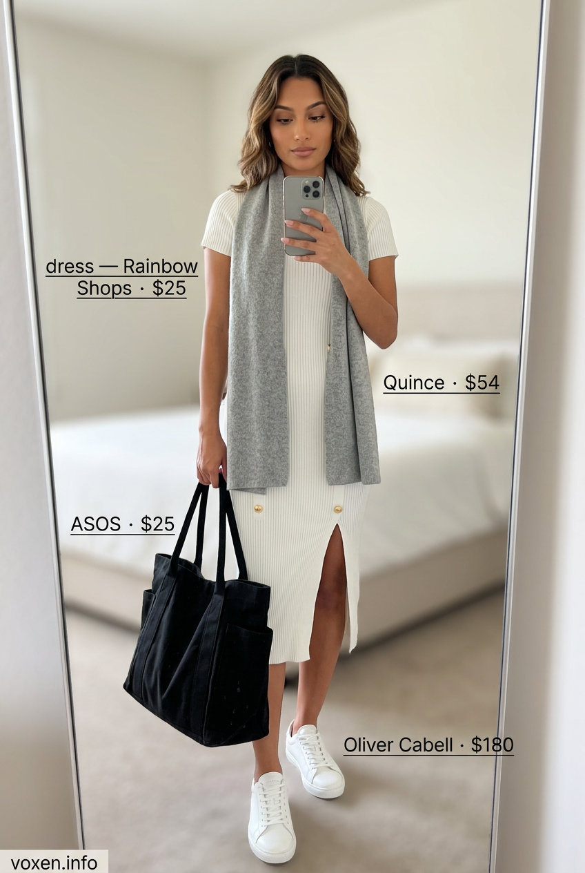 Casual White Dress Outfit 2026 What to Wear with White Dress Summer 2026: Casual midi dress with white sneakers, grey scarf, and black tote bag for errands.