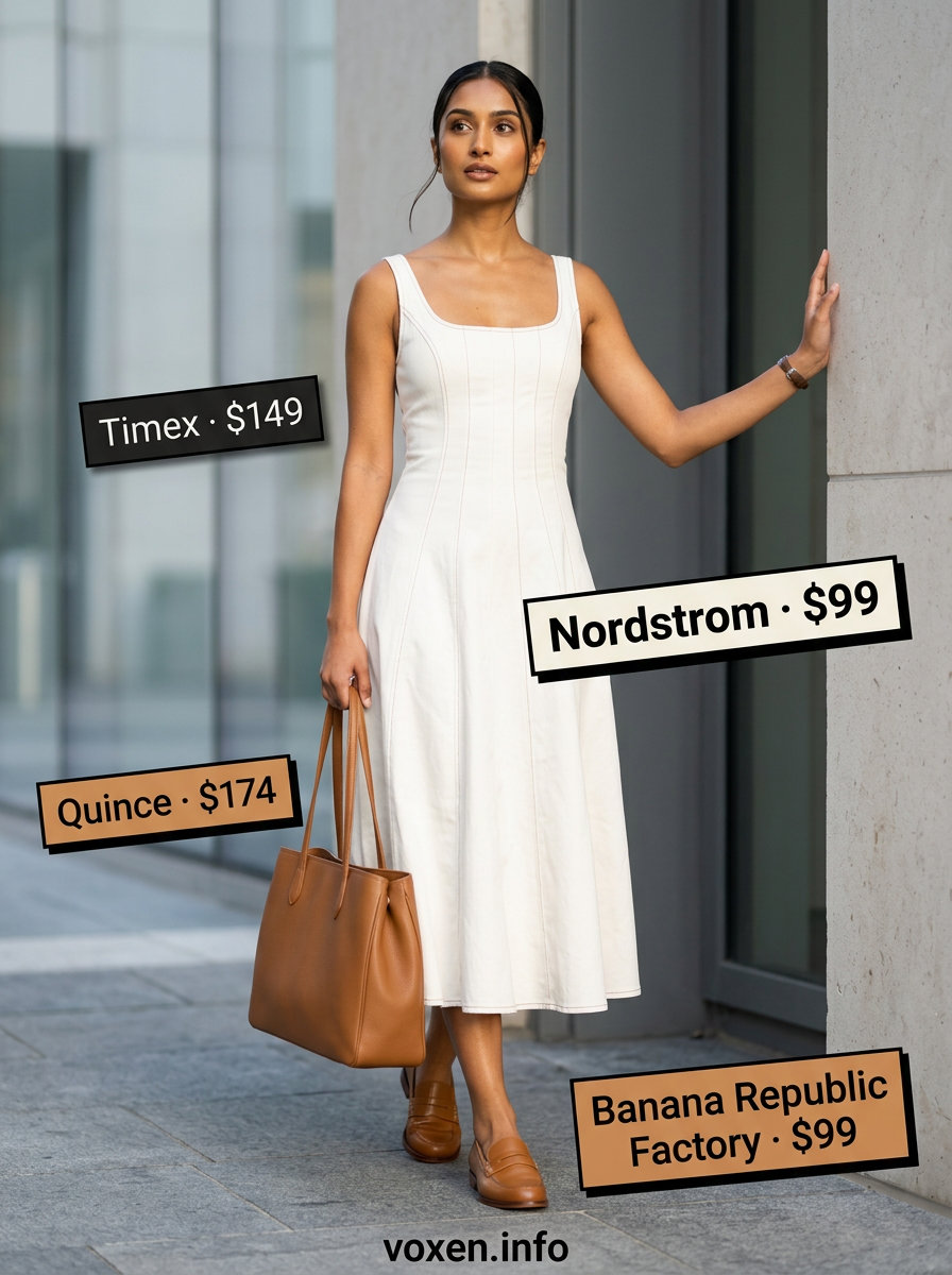 Workwear White Dress Outfit 2026 What to Wear with White Dress Summer 2026: Office white dress with navy blazer, tan loafers, and tote bag.
