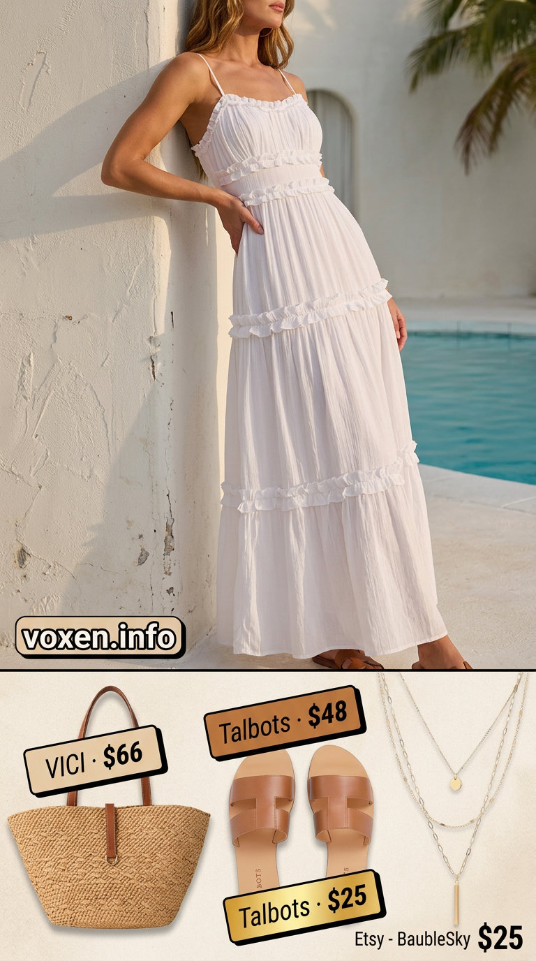 Coastal White Dress Outfit 2026 What to Wear with White Dress Summer 2026: Coastal maxi dress with straw tote, leather slides, and gold necklace.