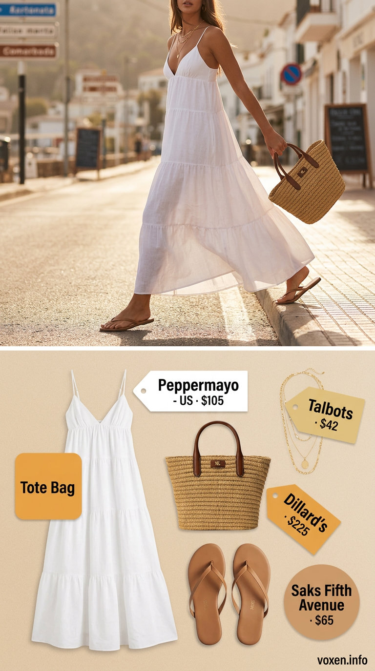 Coastal White Dress Outfits 2026: Vacation Style What to wear with white dress summer 2026: Coastal vacation outfit with linen maxi dress, flat sandals, straw tote, and gold necklaces.