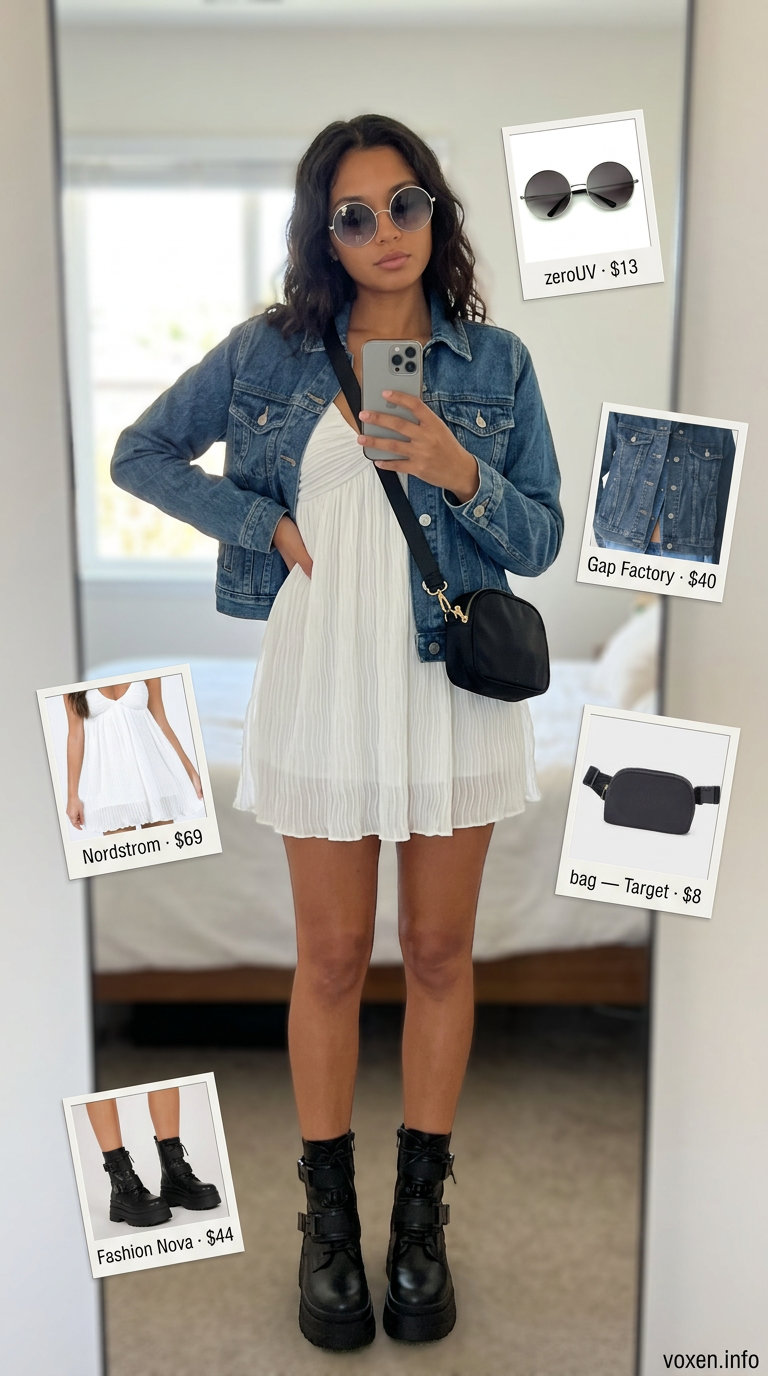 What to wear with white dress summer 2026: Festival outfit with white babydoll dress, denim jacket, platform boots, and belt bag.