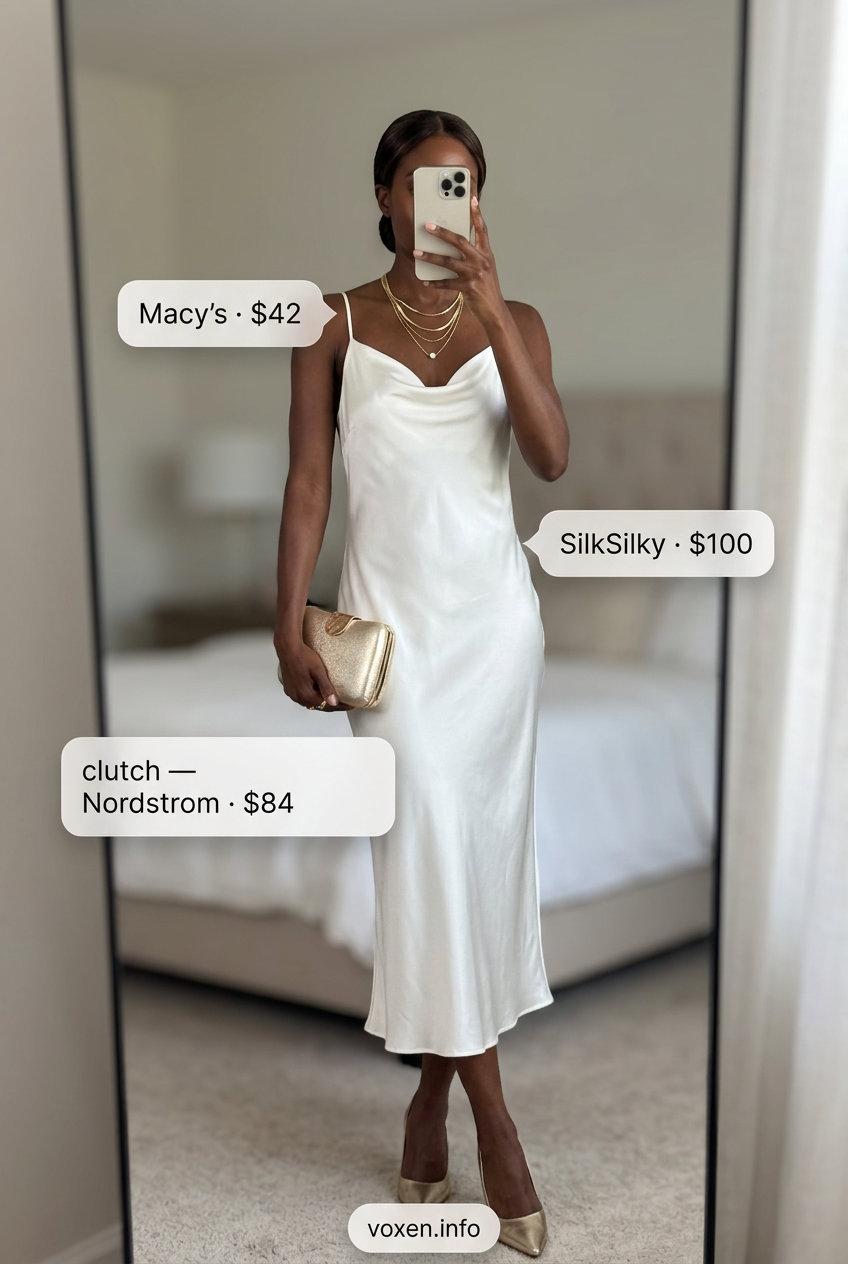 Garden Party White Dress Outfits 2026: Elegant Chic What to wear with white dress summer 2026: Garden party outfit with ivory midi slip dress, suede mules, gold necklaces, and clutch.