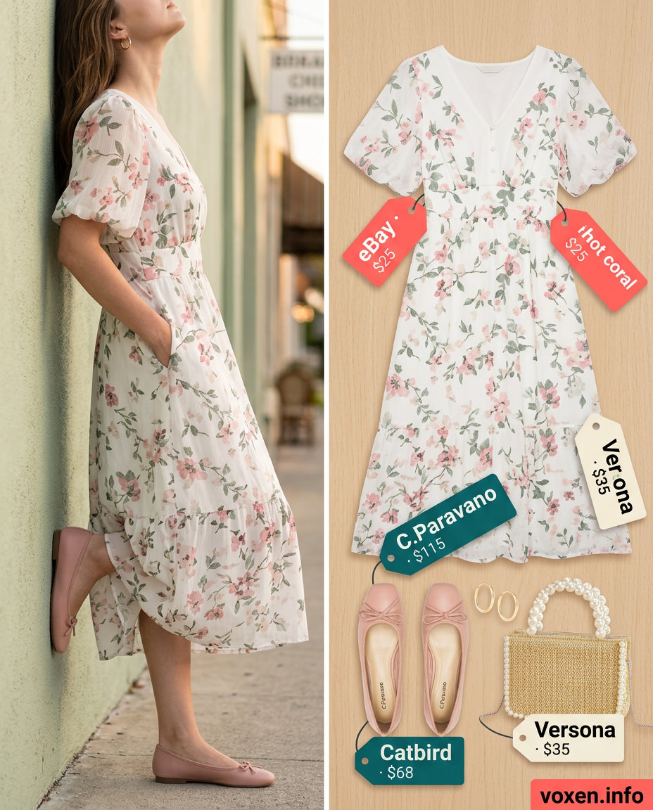 Garden Party White Dress 2026 What to Wear with White Dress Summer 2026: Garden party dress with floral print, ballet flats, straw bag, and gold earrings.