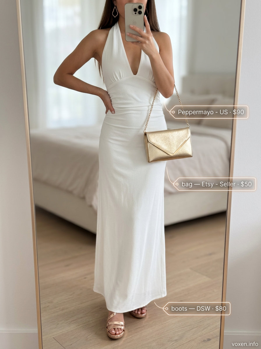 Glamorous White Dress Outfits 2026: Evening Elegance What to wear with white dress summer 2026: Glamorous evening look with halter maxi dress, gold heels, and metallic clutch.