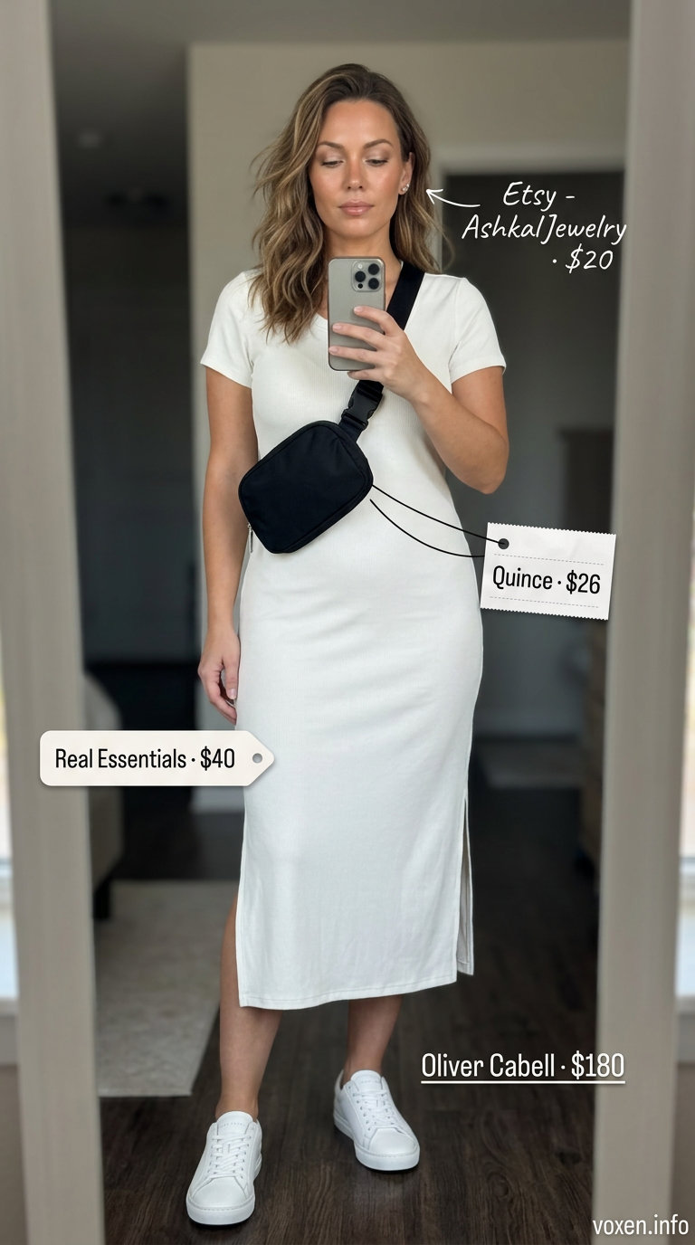 Chic Athleisure White Dress Outfit 2026 Comfortable white ribbed knit midi dress with white sneakers, black belt bag, and silver studs. What to wear with white dress summer 2026.