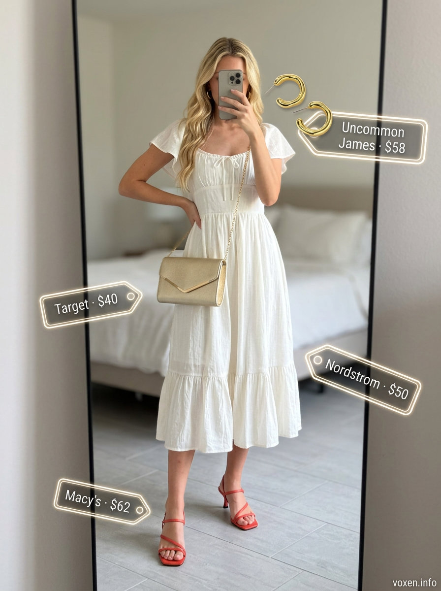 Romantic White Maxi Dress Outfit 2026 Romantic coral and gold outfit with a white tiered maxi dress, strappy heels, gold clutch, and hoop earrings. What to wear with white dress summer 2026.