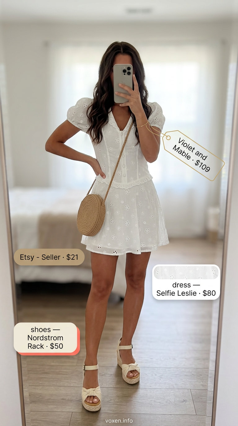 Picnic White Dress Outfits 2026: Playful Style What to wear with white dress summer 2026: Picnic outfit with eyelet mini dress, espadrille wedges, straw bag, and gold bracelet.