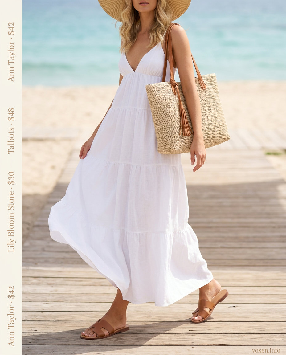 Resort White Dress Outfits 2026: Bohemian Style What to wear with white dress summer 2026: Beach resort outfit with linen maxi dress, slide sandals, straw tote, and sun hat.