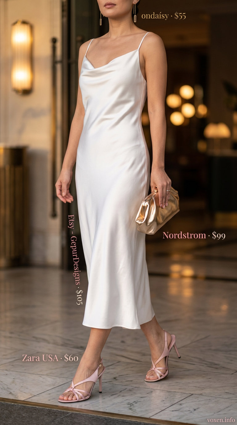 Elegant White Slip Dress 2026 What to Wear with White Dress Summer 2026: Elegant slip dress with blush heels, gold clutch, and gold earrings.