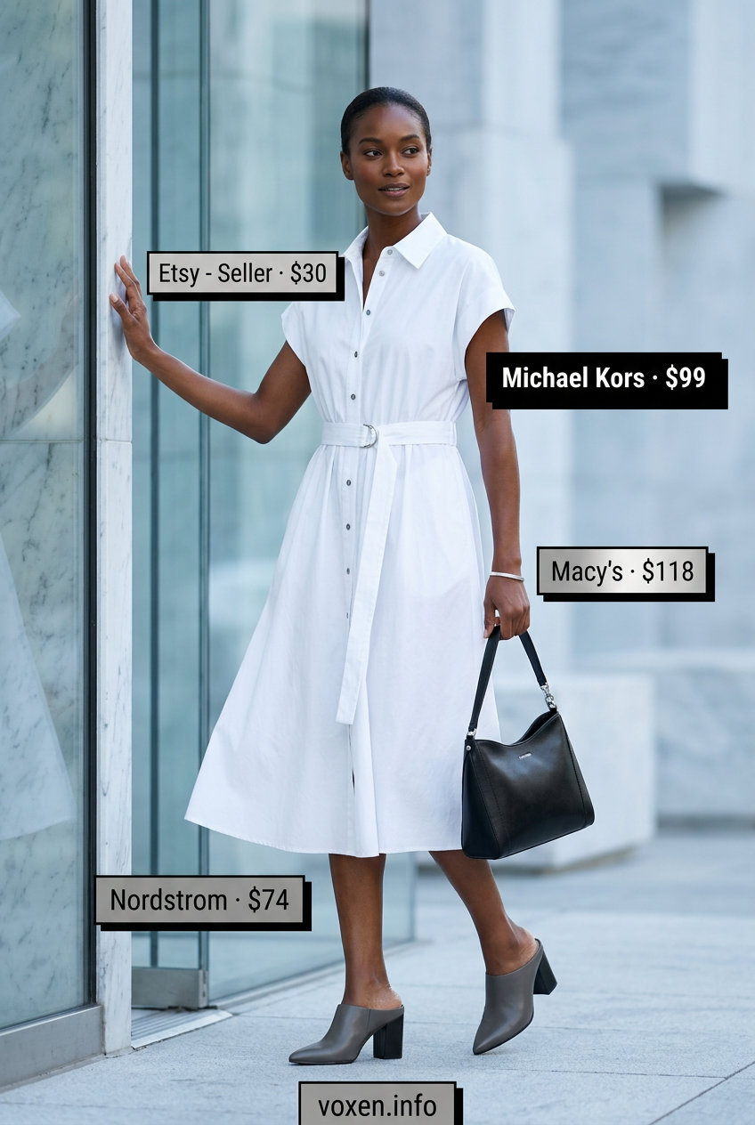 Sophisticated White Shirt Dress 2026 Polished white cotton poplin midi shirt dress with black mules, crossbody, and silver cuff. What to wear with white dress summer 2026.